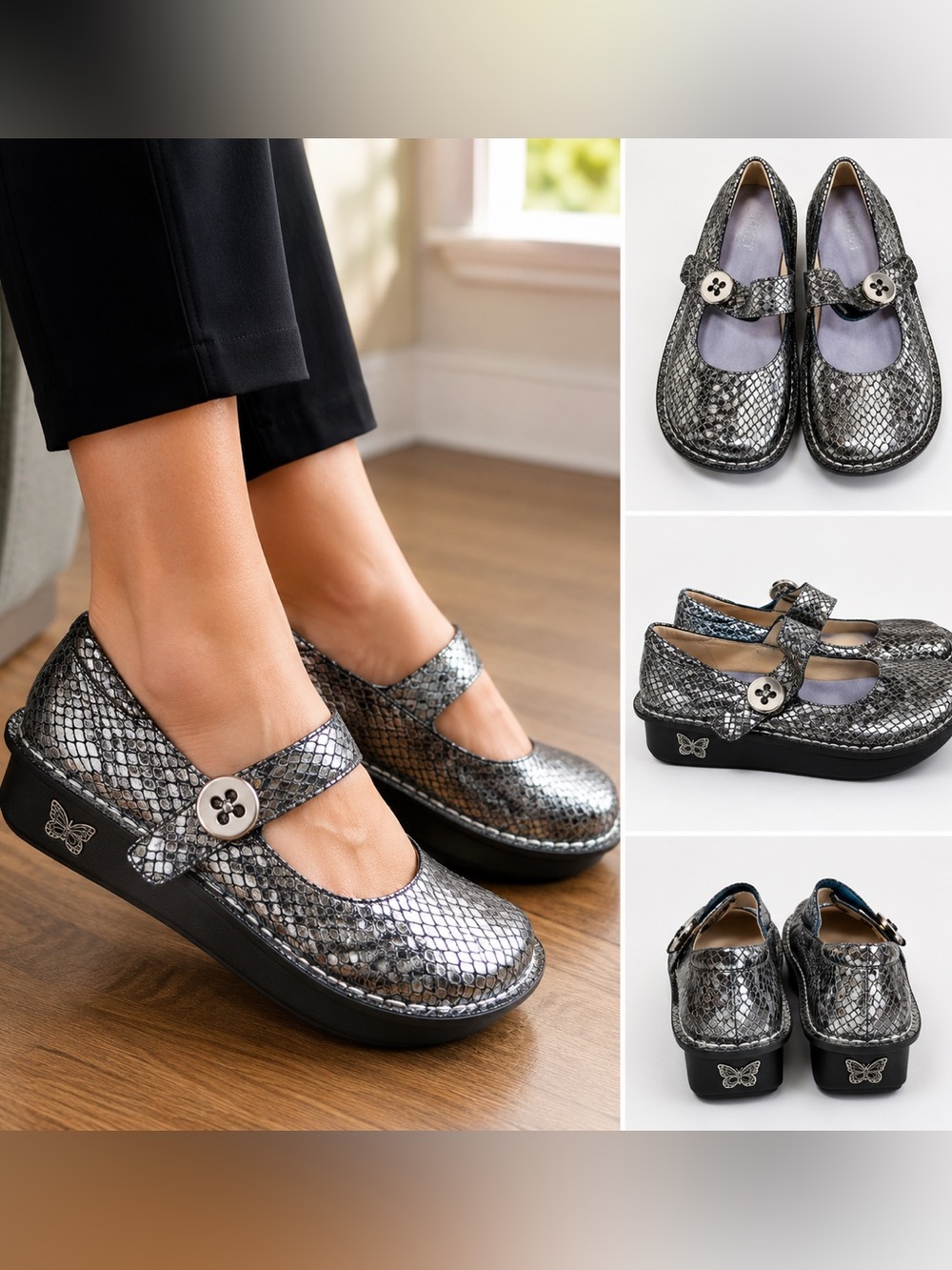 Alegria Metallic Silver Snake-Print Mary Jane Clogs